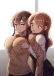  2girls blue_eyes blush bow bowtie breast_grab breasts brown_eyes brown_hair brown_sweater grabbing grabbing_from_behind groping hair_between_eyes indoors large_breasts long_hair long_sleeves maku_ro multiple_girls open_mouth original red_bow school_uniform sweater yuri 