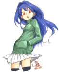  1girl akitsuki_itsuki black_legwear blue_hair copyright_request cropped_legs green_jacket jacket long_hair looking_at_viewer miniskirt open_mouth pleated_skirt red_eyes signature simple_background skirt solo thigh-highs white_background white_skirt 