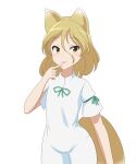  1girl :3 animal_ears blonde_hair cato_(monocatienus) commentary_request cowboy_shot eyebrows_visible_through_hair finger_to_mouth fox_ears fox_girl fox_tail highres kudamaki_tsukasa long_hair looking_at_viewer parted_lips simple_background smile solo tail touhou white_background yellow_eyes 