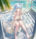  1girl ahoge animal_ear_fluff animal_ears bangs bare_legs barefoot blush cat_ears commentary_request daifuku_(yukihana_lamy) day dress elf eyebrows_visible_through_hair flower hair_between_eyes heart_ahoge highres holding hololive kemonomimi_mode long_hair looking_at_viewer ocean petals pointy_ears pot rokcha seashell shell short_sleeves simple_background smile solo sundress twitter_username very_long_hair virtual_youtuber white_dress yellow_eyes yellow_flower yukihana_lamy 