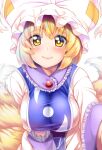  1girl animal_ears blonde_hair blurry blush breasts depth_of_field dress eyebrows_visible_through_hair fang foreshortening fox_ears fox_tail frills hat large_breasts multiple_tails pillow_hat short_hair simple_background smile solo tabard tail touhou upper_body white_background white_dress wildcat_(kusonemi) yakumo_ran yellow_eyes 