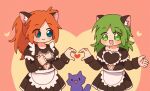  2girls :d alternate_costume animal_ears anna_(epic_battle_fantasy) apple_dkdksr black_dress blue_eyes blue_fur blush breasts cat cat_cutout cat_ears chibi cleavage_cutout clothing_cutout cowboy_shot dress enmaided epic_battle_fantasy eyebrows_visible_through_hair green_eyes green_hair heart heart_cutout heart_hands heart_hands_duo long_hair maid multiple_girls natalie_(epic_battle_fantasy) navel navel_cutout nolegs_(epic_battle_fantasy) official_alternate_costume open_mouth orange_hair smile 