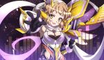  1girl bare_shoulders bodysuit breasts brown_hair clenched_hand gloves hair_ornament hairclip headgear ignite_module looking_at_viewer medium_breasts open_hand orange_eyes scarf senki_zesshou_symphogear senki_zesshou_symphogear_xd_unlimited shiny shiny_hair shiny_skin short_hair smile symphogear_pendant tachibana_hibiki_(symphogear) tachibana_hibiki_(symphogear)_(another) tsurime yukitsuba_hina 