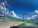  blue_sky clouds cloudy_sky commentary_request condensation_trail dark_clouds derivative_work fantasy grass highres mountainous_horizon multicolored nature no_humans pajaman perspective road road_sign scenery shadow sign sky summer sunlight traffic_light utility_pole 