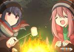  2girls bangs blue_hair brown_jacket camping closed_eyes closed_mouth commentary_request copyright eyebrows_visible_through_hair eyes_visible_through_hair fire food forest green_shirt hair_between_eyes hand_on_own_knee hands_on_own_knees highres holding holding_food jacket kagamihara_nadeshiko light logo long_hair marshmallow multicolored multicolored_clothes multicolored_headwear multicolored_scarf multiple_girls nature night night_one open_mouth pink_hair red_jacket roasting scarf shadow shima_rin shirt smile squatting staring striped striped_headwear striped_scarf tree violet_eyes woollen_cap yurucamp 