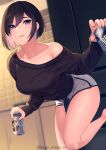  1girl absurdres bangs bare_shoulders black_hair black_shirt blush breasts collarbone highres kagematsuri large_breasts long_sleeves looking_at_viewer original shirt short_hair smile thighs violet_eyes 