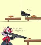  apex_legends assault_rifle bandaged_arm bandages bangs black_bow bow bug ch@osyukari cockroach double_bun dress english_commentary english_text from_side grey_hair gun hair_bow heterochromia highres holding holding_gun holding_weapon hololive hololive_indonesia huge_bow insect kureiji_ollie looking_down multicolored_hair pink_hair profanity r-301_carbine red_bow red_eyes redhead rifle table torn_clothes torn_dress twitter_username virtual_youtuber weapon wide-eyed wrist_bow yellow_eyes zombie 