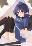  1girl bird_wings black_legwear black_wings blue_dress blue_headwear blurry blurry_foreground blush breasts commentary_request dark_blue_hair dress hair_between_eyes hand_on_own_knee hat highres iizunamaru_megumu kanpa_(campagne_9) knees_up looking_at_viewer medium_breasts medium_hair neck_ribbon open_mouth panties pointy_ears pom_pom_(clothes) red_eyes ribbon sitting solo star_(symbol) thigh-highs tokin_hat touhou tripod underwear white_neckwear white_panties white_ribbon wings 