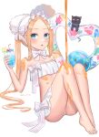  1girl abigail_williams_(fate) abigail_williams_(swimsuit_foreigner)_(fate) absurdres ball bangs bare_shoulders barefoot beachball bikini black_cat blonde_hair blue_eyes blush bonnet bow breasts cat cup fate/grand_order fate_(series) feet forehead gurina hair_bow highres innertube knees_up legs long_hair looking_at_viewer miniskirt open_mouth parted_bangs pouring sidelocks simple_background sitting skirt small_breasts swimsuit syrup twintails very_long_hair white_background white_bikini white_bow white_headwear 