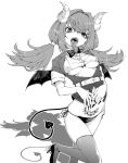  1girl akitsuki_itsuki belt bikini bow bowtie breasts cropped_shirt demon_horns demon_tail demon_wings earrings fingernails greyscale hair_between_eyes heart heart_tattoo horns jacket jewelry long_fingernails long_hair looking_at_viewer low_twintails medium_breasts monochrome open_clothes open_jacket open_mouth original outline own_hands_together pointy_ears pubic_tattoo shadow sharp_fingernails short_sleeves side-tie_bikini solo standing standing_on_one_leg swimsuit tail tattoo thigh-highs tongue tongue_out twintails under_boob white_background white_outline wings 