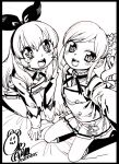  2girls :d aikatsu! aikatsu!_(series) akitsuki_itsuki black_border blush border bow dated greyscale hair_bow hair_ornament hair_scrunchie hairband hoshimiya_ichigo jacket kiriya_aoi kneeling long_sleeves looking_at_viewer monochrome multiple_girls one_side_up open_mouth pleated_skirt scrunchie signature skirt smile white_background 