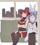  2girls animal_ear_fluff animal_ears bangs bare_shoulders blue_hair blush braid carrot_hair_ornament closed_eyes eyebrows_visible_through_hair food-themed_hair_ornament hair_ornament hair_ribbon highres hololive homura910210 houshou_marine leotard long_hair multicolored_hair multiple_girls rabbit_ears rabbit_girl redhead ribbon sitting sleeping sleeping_on_person sleeping_upright thigh-highs train_interior twin_braids twintails two-tone_hair usada_pekora virtual_youtuber white_hair 