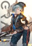  1girl absurdres animal_ears arknights armband blue_eyes character_name collar commentary eyebrows_visible_through_hair feet_out_of_frame grani_(arknights) grey_hair hand_on_hip head_tilt highres hip_vent holding holding_spear holding_weapon horse_ears infection_monitor_(arknights) leg_armor long_hair long_jacket looking_at_viewer one_eye_closed polearm police police_uniform ponytail simple_background smile solo spear standing taku57 uniform violet_eyes weapon 