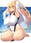  1girl arm_up armpits aster_crowley bag beach blonde_hair blue_sky breasts closed_mouth clouds covered_navel covered_nipples curvy fate/grand_order fate_(series) glasses handbag high_ponytail highleg highleg_swimsuit highres jacket jeanne_d&#039;arc_(fate)_(all) jeanne_d&#039;arc_(swimsuit_archer)_(fate) kneeling large_breasts long_hair ocean one-piece_swimsuit open_clothes open_jacket plump shore sky smile swimsuit thighs water whistle whistle_around_neck white_jacket white_swimsuit yellow_eyes 