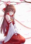  1girl bangs bare_shoulders blush bow brown_eyes brown_hair cherry_blossoms dress eyebrows_visible_through_hair hair_between_eyes hair_tubes hakurei_reimu hands_together highres long_hair long_sleeves looking_at_viewer red_bow red_dress red_ribbon ribbon sitting smile solo tim86231 touhou tree white_sleeves yellow_neckwear 