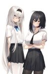  2girls ahoge arms_behind_back arms_under_breasts asymmetrical_hair bangs black_hair black_hairband black_legwear black_neckwear black_skirt blue_bow blue_eyes blue_neckwear blush bow bowtie breasts closed_mouth collared_shirt colored_inner_hair crossed_arms crossed_bangs expressionless eyebrows_visible_through_hair green_eyes hair_between_eyes hair_ornament hairband hairclip highres large_breasts long_hair looking_at_viewer loose_necktie multicolored_hair multiple_girls necktie original pantyhose pleated_skirt shirt shirt_tucked_in short_sleeves simple_background skirt small_breasts soya_(torga) standing tsurime very_long_hair white_background white_hair white_legwear white_shirt 