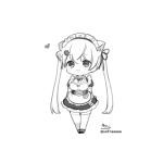 1girl animal_ear_fluff animal_ears apron bangs blush breasts cat_ears chibi closed_mouth commentary_request copyright_request dress eyebrows_visible_through_hair greyscale hair_between_eyes hair_ornament hairclip heart highres long_hair maid_headdress medium_breasts monochrome puffy_short_sleeves puffy_sleeves shoes short_sleeves signature simple_background smile sofra solo standing thigh-highs twitter_username two_side_up very_long_hair waist_apron white_background 