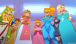  6+girls blonde_hair blue_hair bodysuit cape crossed_arms crown dress emmanomia23 eyeshadow fire_emblem fire_emblem_awakening frown green_hair highres kid_icarus kid_icarus_uprising looking_at_viewer looking_down lucina_(fire_emblem) makeup super_mario_bros. metroid mini_crown multiple_girls palutena pointy_ears princess_daisy princess_peach princess_zelda rosalina samus_aran super_mario_bros. super_mario_galaxy super_smash_bros. tan the_legend_of_zelda the_legend_of_zelda:_a_link_to_the_past tiara zero_suit 