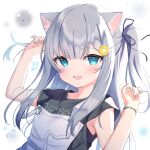  1girl :d animal_ear_fluff animal_ears arm_up bangs black_ribbon black_shirt blue_eyes blush cat_ears character_request check_character commentary_request eyebrows_visible_through_hair fangs hair_ribbon hand_up long_hair looking_at_viewer nacho_(amashiro_natsuki) nail_polish open_mouth original overalls ribbon shirt silver_hair skin_fangs smile solo tsukiman two_side_up upper_body wristband 