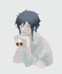  1boy alcohol androgynous bangs black_hair blue_hair braid collarbone collared_shirt cropped_torso cup eyebrows_visible_through_hair genshin_impact gradient_hair green_eyes hand_on_own_chin highres holding holding_cup k.t_1860 long_sleeves looking_at_viewer male_focus multicolored_hair open_mouth see-through shirt short_hair_with_long_locks smile solo twin_braids upper_body venti_(genshin_impact) whiskers white_background white_shirt 