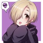  1girl blonde_hair brown_eyes ear_clip hair_over_one_eye highres idolmaster idolmaster_cinderella_girls looking_at_viewer mariabowl purple_background shirasaka_koume short_hair simple_background sleeves_past_fingers sleeves_past_wrists solo spoken_skull tongue tongue_out upper_body 