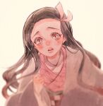  1girl black_hair blurry blurry_foreground blush commentary_request hair_ribbon hand_up haori highres japanese_clothes kamado_nezuko kimetsu_no_yaiba kimono leaning_forward long_hair long_sleeves open_mouth raised_eyebrows red_eyes ribbon sidelocks simple_background solo tied_hair upper_body upper_teeth white_background yukiyuki_(yuki229jam) 