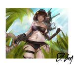 1girl :o arknights asymmetrical_gloves bandeau bangs bare_shoulders black_gloves black_hair black_panties blue_eyes blue_hairband blue_sky breasts chinese_commentary commentary_request cowboy_shot day eunectes_(arknights) gloves grass hairband highres looking_at_viewer midriff navel open_mouth outdoors panties pointy_ears short_hair sky small_breasts solo standing stomach strapless tail thigh_strap thighs tubetop ufoliving underwear