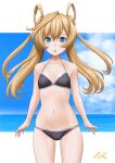  1girl abukuma_(kancolle) artist_name bangs bikini black_bikini blonde_hair blue_eyes breasts collarbone commentary_request cowboy_shot double_bun hair_rings highres kantai_collection long_hair looking_at_viewer navel small_breasts solo swimsuit t2r twintails 