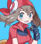  1girl :d bandana bangs blue_background blue_eyes blush breasts brown_hair commentary_request eyelashes fangs floating_hair gloves hair_between_eyes hyou_(hyouga617) index_finger_raised long_hair looking_at_viewer may_(pokemon) open_mouth pokemon pokemon_(game) pokemon_rse red_bandana red_shirt shirt short_sleeves simple_background smile solo sparkle tongue 