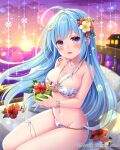  1girl :d blue_hair breasts chair cocktail falkyrie_no_monshou floral_print flower hair_flower hair_ornament long_hair medium_breasts necktie ocean official_art open_mouth parfait_(falkyrie_no_monshou) sitting smile stardrop starfish_hair_ornament sun sunset violet_eyes 