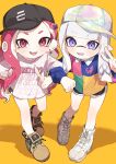  2girls :d asymmetrical_hair baseball_cap black_headwear black_shorts blue_shirt blunt_bangs blush boots bow brown_footwear clothes_writing collared_shirt colored_tongue commentary earrings fangs forehead green_shirt hair_bow hand_up hat heart heart_earrings heart_print highres ika_esu inkling inkling_girl jewelry light_purple_hair locked_arms long_hair long_sleeves looking_at_viewer multicolored_clothes multicolored_headwear multicolored_shirt multiple_earrings multiple_girls octoling octoling_girl open_mouth parted_bangs pink_eyes pink_hair pointy_ears polo_shirt purple_bow red_shirt shadow shirt short_eyebrows short_shorts shorts sidelocks simple_background smile splatoon_(series) standing stud_earrings suction_cups symbol-only_commentary teeth tentacle_hair tilted_headwear v v-shaped_eyebrows violet_eyes white_footwear white_shirt yellow_background yellow_shirt 