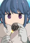  1girl bangs blue_hair blue_sky close-up closed_mouth commentary_request fire gloves highres long_sleeves matches multicolored night_one pinecone poncho shima_rin sky solo staring translation_request violet_eyes yurucamp 