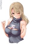  1girl ;) bare_shoulders between_breasts blonde_hair blush breasts cleavage_cutout clothing_cutout ebifurya eyebrows_visible_through_hair grey_sweater highres houston_(kancolle) kantai_collection long_hair looking_at_viewer medium_breasts one_eye_closed simple_background sleeveless_sweater smile solo sweater turtleneck turtleneck_sweater twitter_username upper_body white_background yellow_eyes 