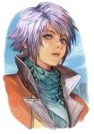  1boy aqua_eyes aqua_neckwear bangs clouds final_fantasy final_fantasy_xiii hankuri hope_estheim hankuri jacket looking_to_the_side neckwear orange_jacket outdoors parted_lips scarf short_hair solo upper_body white_hair 