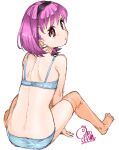  1girl akitsuki_itsuki between_legs blue_bra blue_panties bra copyright_request dated from_behind full_body hairband hand_between_legs looking_at_viewer looking_back medium_hair no_shoes orange_legwear panties parted_lips pink_hair red_eyes signature simple_background sitting solo thigh-highs underwear white_background 