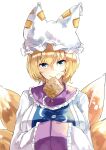  1girl :&gt; animal_ears blonde_hair blue_eyes breasts deetamu dress fox_ears fox_tail hat highres large_breasts looking_at_viewer mouth_hold multiple_tails pillow_hat short_hair simple_background solo tabard tail touhou upper_body white_background white_dress yakumo_ran 