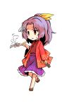  1girl brown_footwear chibi dairi eyebrows_visible_through_hair fan hair_ribbon hand_up holding holding_fan japanese_clothes kimono komakusa_sannyo long_sleeves medium_hair multicolored multicolored_clothes open_mouth ponytail purple_hair red_eyes red_sleeves ribbon simple_background solo standing tachi-e touhou white_background worried yellow_ribbon 