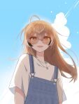  1girl :d absurdres ahoge alternate_costume backlighting blue_overalls blush brown_eyes brown_hair casual clouds cloudy_sky crossed_bangs double-parted_bangs floating_hair glowing hair_between_eyes highres hololive hololive_english long_hair looking_at_viewer multicolored_hair nanashi_mumei overalls round_eyewear shirt sky smile streaked_hair t-shirt tinted_eyewear very_long_hair virtual_youtuber white_shirt xx_tk9 