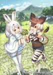  animal_ears animal_print arctic_hare_(kemono_friends) bare_shoulders boots bow bowtie brown_eyes brown_hair brown_shirt bunny_tail capelet clover commentary_request cutoff_jeans cutoffs detached_sleeves extra_ears four-leaf_clover fur_trim kawaku kemono_friends kemono_friends_3 meadow mittens official_art okapi_(kemono_friends) okapi_ears okapi_tail one_eye_closed pantyhose print_legwear print_neckwear print_sleeves rabbit_ears rabbit_girl red_eyes shirt short_hair shorts standing standing_on_one_leg tail white_capelet white_fur white_hair white_legwear white_mittens white_shorts zebra_print 