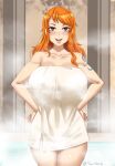  1girl :d blush breasts brown_eyes collarbone cowboy_shot hands_on_hips large_breasts long_hair looking_at_viewer naked_towel nami_(one_piece) one_piece open_mouth orange_hair smile solo steam tattoo towel twitter_username twrlare 