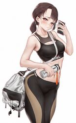  1girl bag bare_shoulders between_breasts black_pants blush bottle breasts brown_eyes brown_hair chinese_commentary commentary_request hand_up heart heart-shaped_pupils highres holding holding_bottle holding_phone l_ract looking_at_viewer medium_breasts navel original pants parted_lips phone shoulder_bag solo sports_bra stomach strap_between_breasts symbol-shaped_pupils white_background 