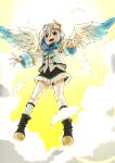  1girl :d aiguillette amane_kanata angel angel_wings armband asymmetrical_bangs asymmetrical_hair bangs black_footwear black_skirt blue_hair blue_legwear blue_neckwear blue_wings blush bob_cut boots bow bowtie colored_inner_hair commentary_request eyebrows_visible_through_hair feathered_wings feathers flying frilled_skirt frills gingham gingham_legwear gradient gradient_wings grey_jacket hair_over_one_eye halo highres hololive homura_minori jacket long_sleeves looking_at_viewer miniskirt multicolored multicolored_hair multicolored_wings open_mouth outstretched_arms shirt short_hair silver_hair single_hair_intake skirt sleeve_cuffs smile sock_garters socks solo star_halo turtleneck violet_eyes virtual_youtuber white_shirt white_wings wide_sleeves wings 
