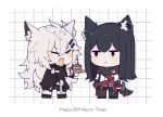  2girls animal_ear_fluff animal_ears arknights bangs black_hair black_jacket black_legwear black_shorts blush cake cake_slice candle closed_eyes commentary_request creepy_himecchi english_text eyebrows_visible_through_hair food full_body hair_between_eyes hair_ornament hairclip happy_birthday highres holding id_card jacket lappland_(arknights) long_hair long_sleeves looking_at_another multiple_girls open_mouth originium_(arknights) pantyhose parted_lips scar scar_across_eye shorts silver_hair smile tail texas_(arknights) white_background white_jacket wolf_ears 