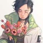  1boy apex_legends black_gloves black_hair black_shirt bouquet collarbone crying crypto_(apex_legends) floating_hair flower gloves green_sleeves highres holding holding_bouquet jacket kogane_mushi male_focus partially_fingerless_gloves pink_flower pink_tulip red_flower red_tulip science_fiction shirt solo tulip undercut upper_body white_background white_jacket 