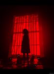 1girl absurdres cat chinese_commentary commentary_request dated dress facing_viewer glowing glowing_eyes highres horror_(theme) looking_at_viewer medium_hair mixed-language_commentary monochrome original partial_commentary red_theme silhouette skyrick9413 solo standing window 