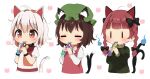  3girls ahoge animal_ear_fluff animal_ears antidote cat_ears cat_tail chen closed_eyes cropped_torso eating goutokuji_mike hat highres kaenbyou_rin mob_cap multicolored_hair multiple_girls multiple_tails nekomata red_eyes silver_hair simple_background streaked_hair tail touhou two_tails upper_body white_background |_| 