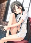  1girl :d absurdres bangs bare_legs barefoot black_bow black_hair black_panties blush book bow bow_panties braid breasts brick_wall brown_eyes collarbone collared_shirt day dutch_angle eyebrows_visible_through_hair highres holding holding_book indoors kantoku knee_up koi_suru_kanojo_no_bukiyou_na_butai lingerie long_hair looking_at_viewer medium_breasts nanase_sena navel no_pants non-web_source official_art open_book open_clothes open_mouth open_shirt panties shirt sidelocks sitting smile solo twin_braids unbuttoned unbuttoned_shirt underwear white_shirt window 