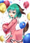  1girl balloon blurry blurry_background confetti cowboy_shot dress eyebrows_visible_through_hair fang from_side green_eyes green_hair highres holding holding_balloon karasuma_amiru kasodani_kyouko open_mouth pink_dress short_hair simple_background skin_fang smile solo standing tail touhou white_background wolf_tail 