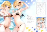  2girls absurdres ayamy bangs bare_shoulders bikini blonde_hair blue_eyes blue_sky blush bracelet braid breasts clouds cloudy_sky collarbone eyebrows_visible_through_hair food frills hair_ornament highres holding holding_food hololive hololive_english huge_filesize innertube jewelry medium_breasts multiple_girls navel parted_lips popsicle scan short_hair simple_background sky stomach swimsuit thigh-highs thighs tied_hair virtual_youtuber watson_amelia white_legwear yellow_eyes yozora_mel 
