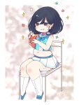  1girl abstract_background bangs black_hair blue_eyes blush border chair cream cream_on_face crepe crop_top eating eyebrows_visible_through_hair flower_(symbol) food food_on_face full_body hair_between_eyes highres holding holding_food horoyuki_(gumizoku) kneehighs medium_hair navel neckerchief no_nose original outside_border plump sailor_collar shadow sitting skirt solo sparkle thick_thighs thighs white_border white_legwear 